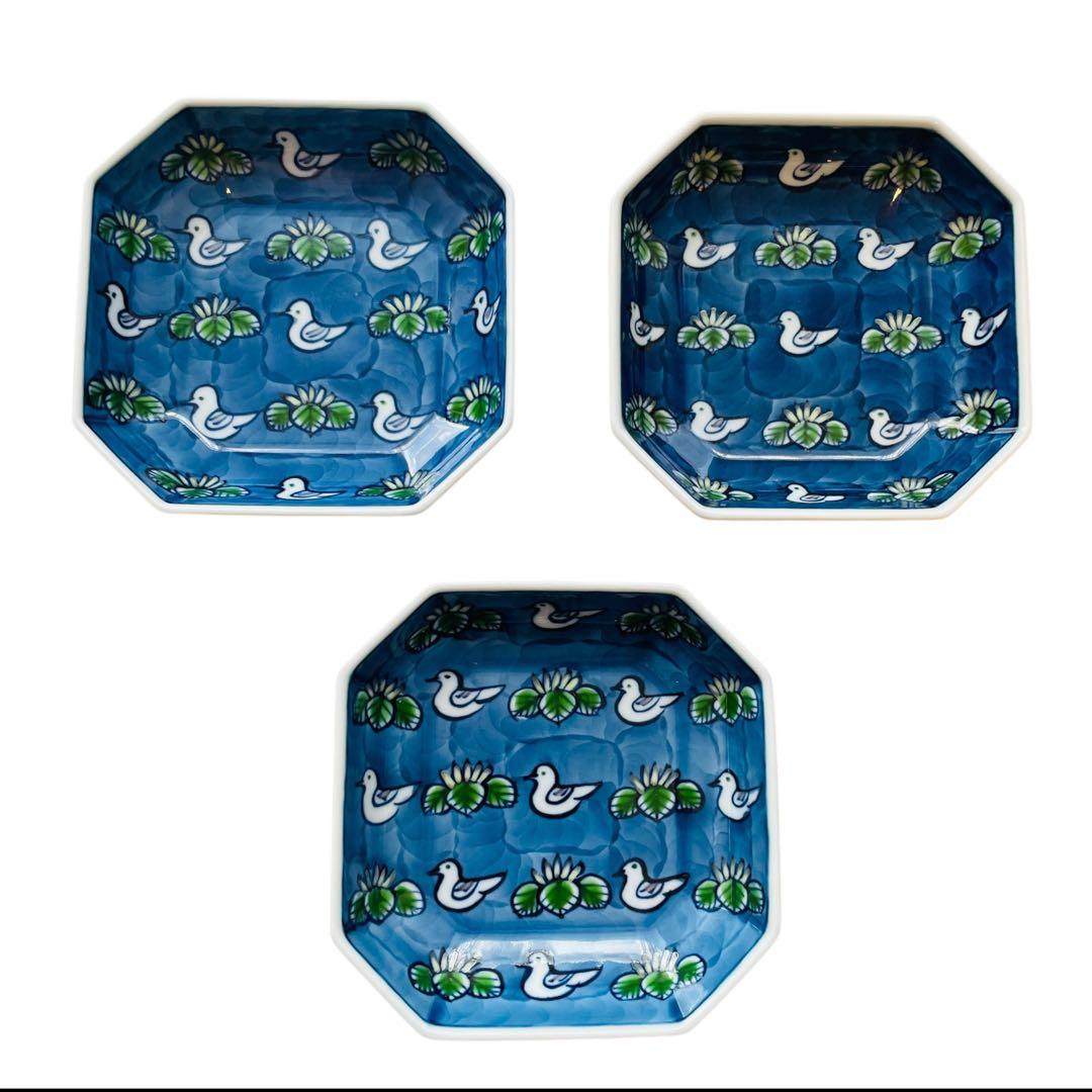 源右衛門窯 染錦水鳥図 銘々方皿 有田焼 小皿 取皿3枚セット