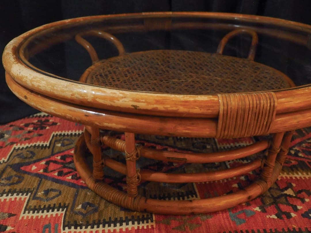 【値引中】ラタンガラストップラウンドテーブル