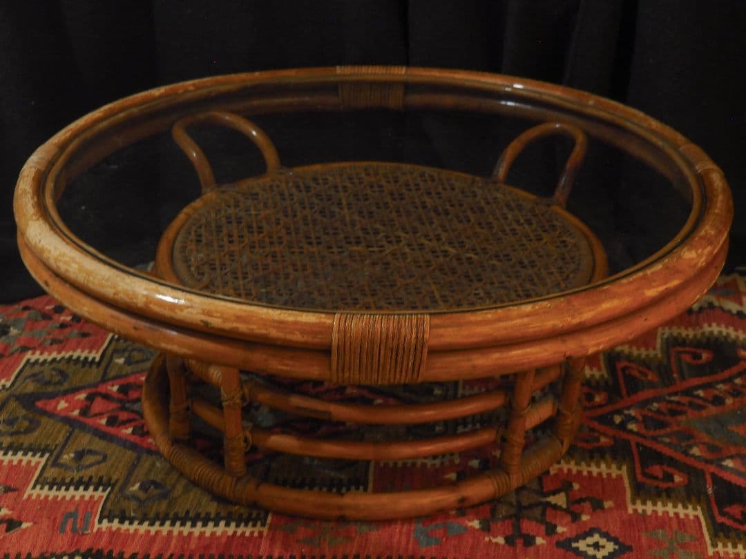 【値引中】ラタンガラストップラウンドテーブル