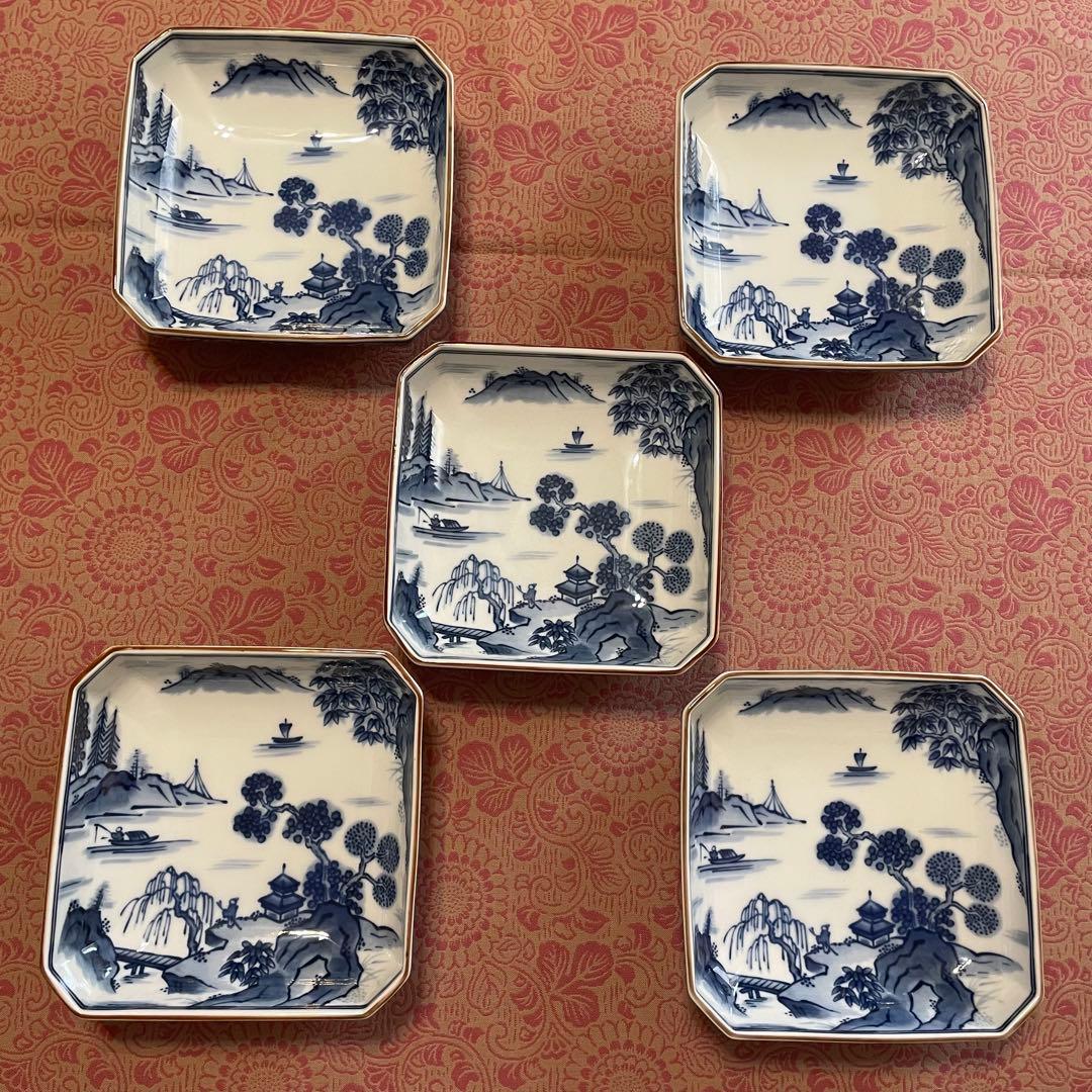 未使用 前畑陶器 庫山窯 染付山水画角皿揃 5枚組 隅切八角皿 美濃焼