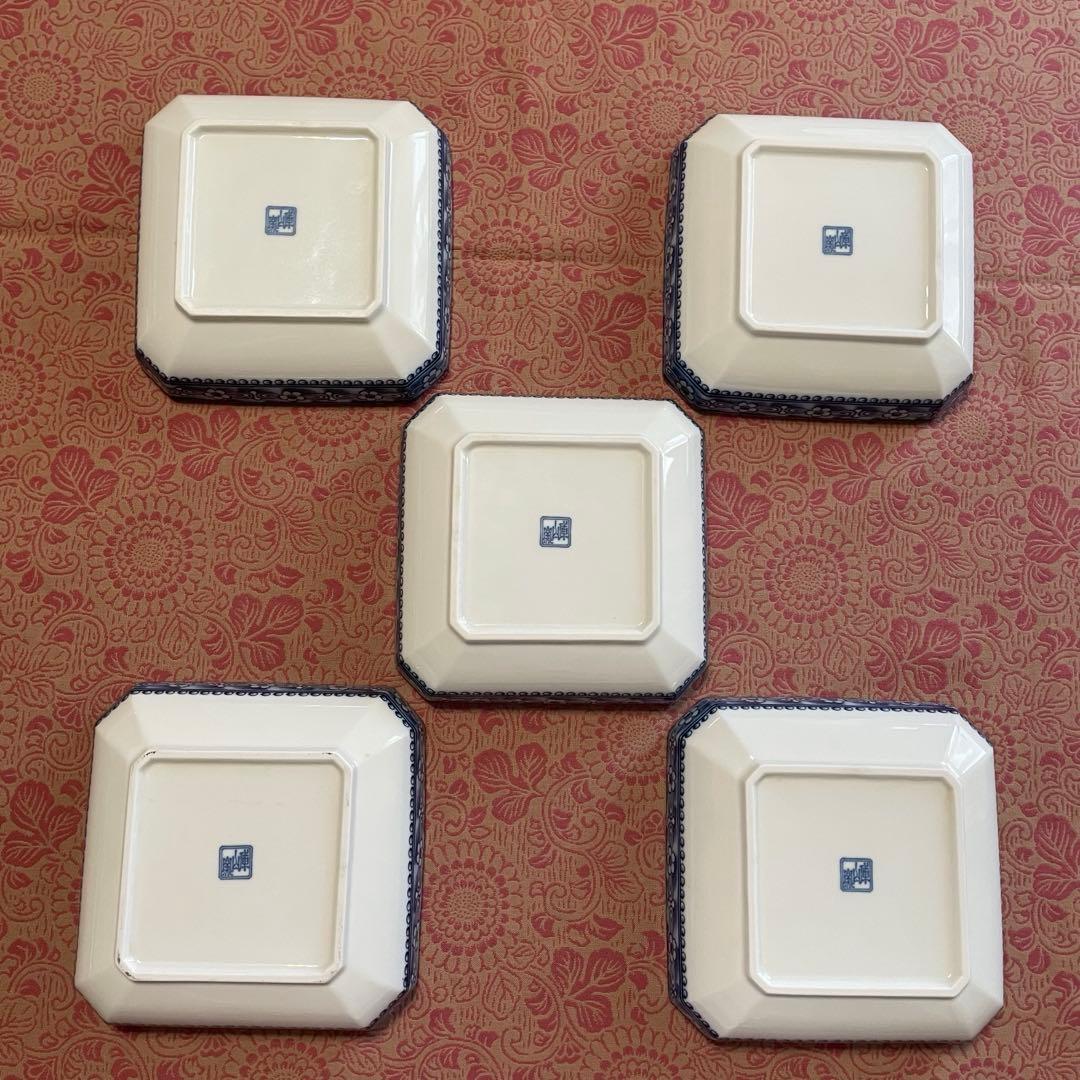 未使用 前畑陶器 庫山窯 染付山水画角皿揃 5枚組 隅切八角皿 美濃焼