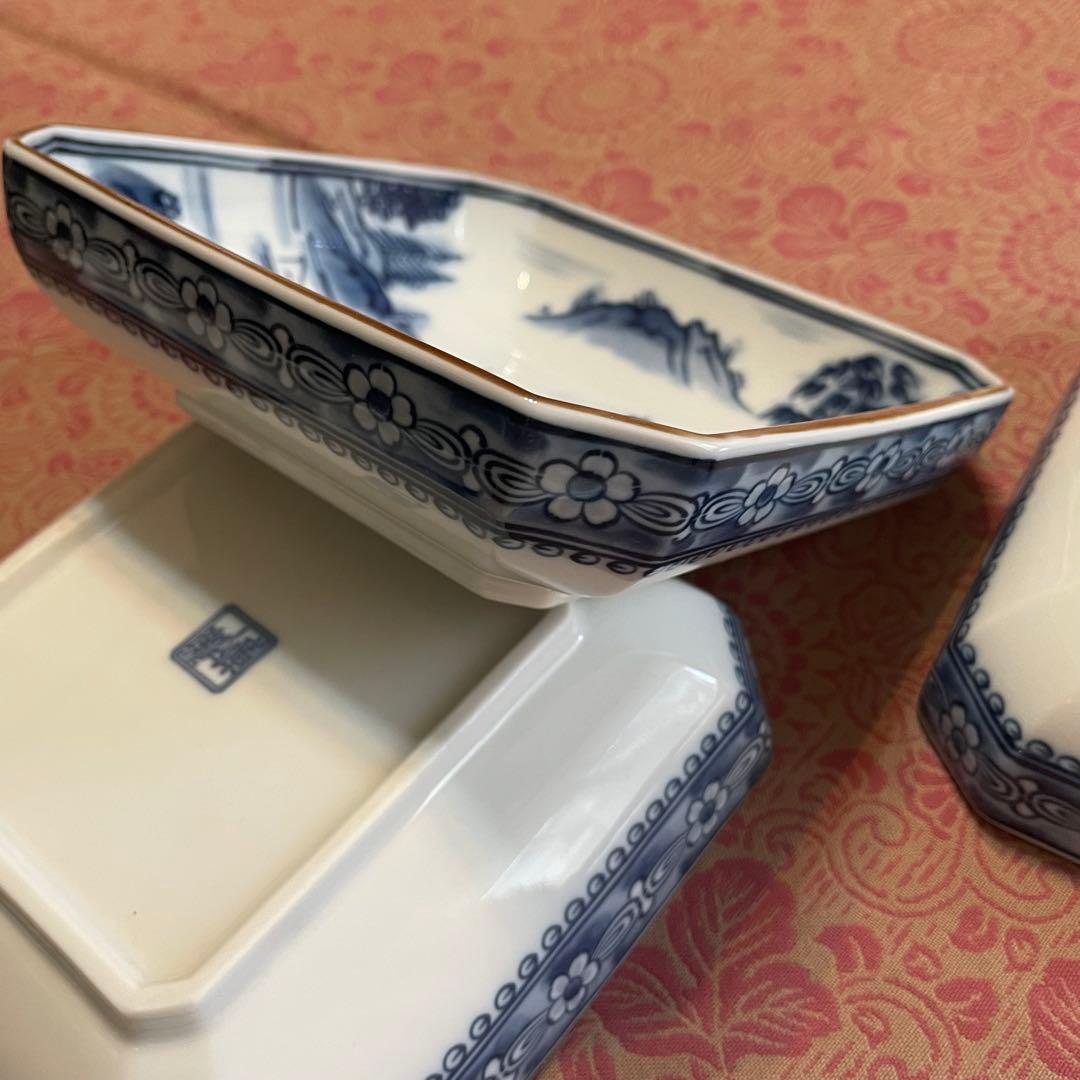 未使用 前畑陶器 庫山窯 染付山水画角皿揃 5枚組 隅切八角皿 美濃焼