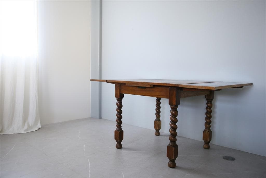 英国アンティーク木製ドローリーフテーブル/伸長式ダイニング/作業机