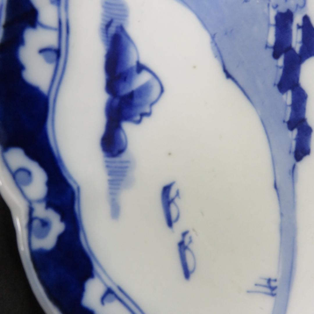 大皿 染付 古伊万里 明治 大正 山水 花文様 家屋 帆船 窯傷 名家 5