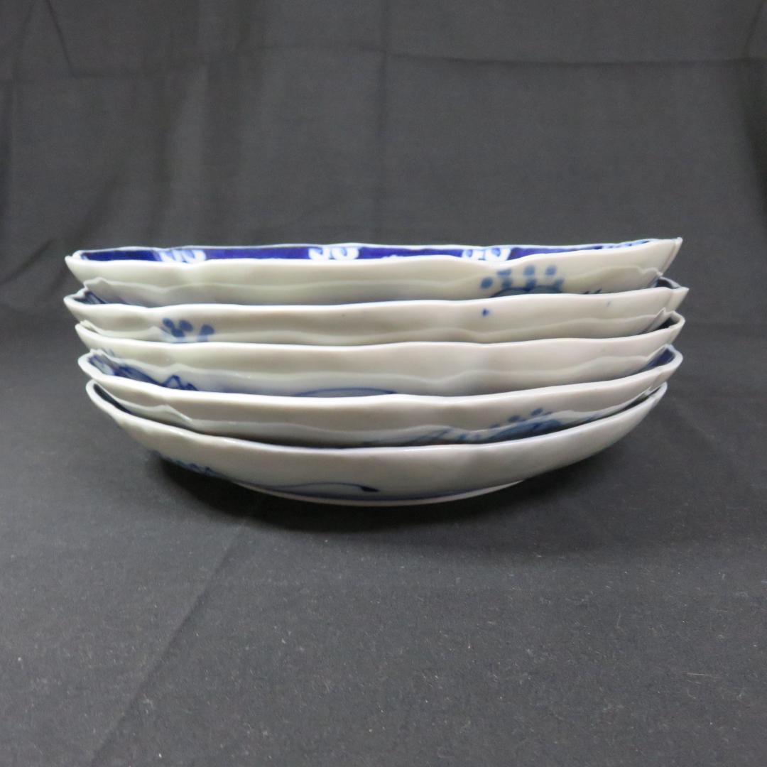 大皿 染付 古伊万里 明治 大正 山水 花文様 家屋 帆船 窯傷 名家 5