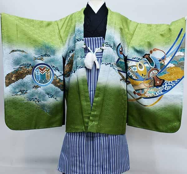 七五三 五歳 男児 羽織袴フルセット 緑地 兜 縞袴 袴変更可能 NO37390