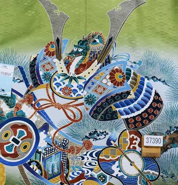 七五三 五歳 男児 羽織袴フルセット 緑地 兜 縞袴 袴変更可能 NO37390