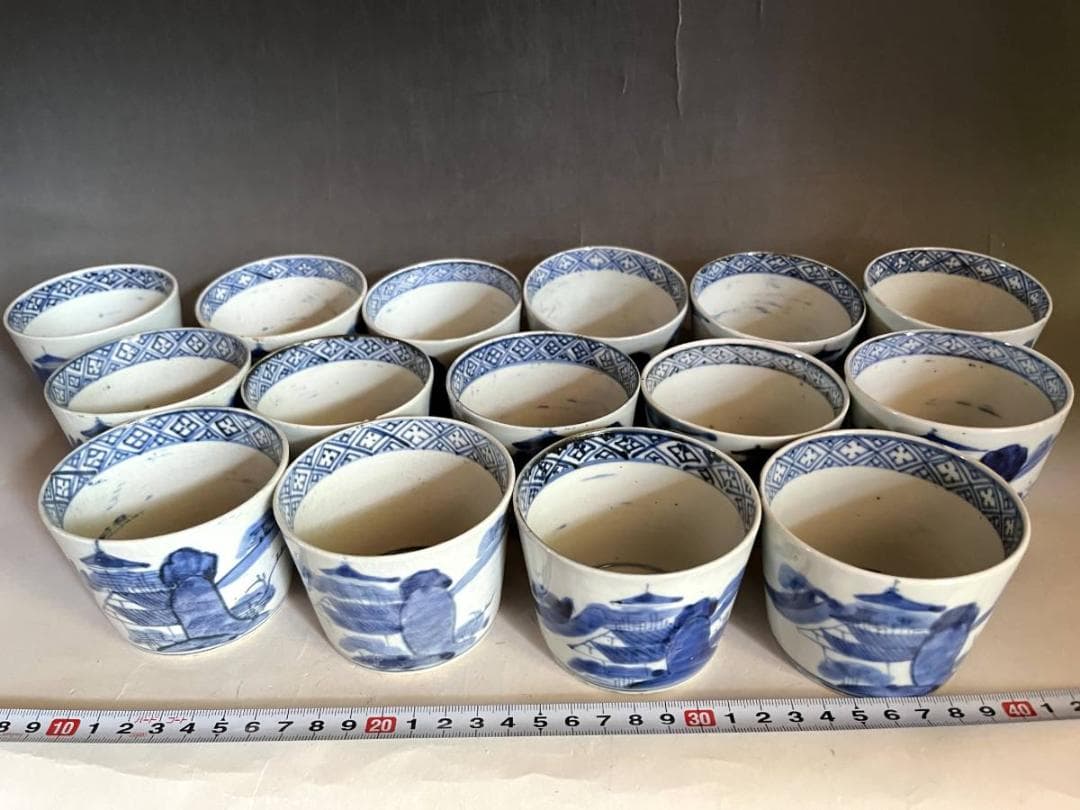 蕎麦猪口○手描きソバチョコ(江戸後期)伊万里染付山里図 15客 酒器