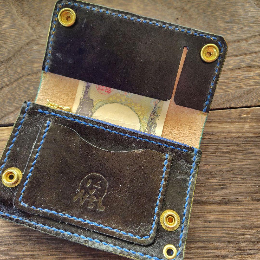 ミドルサイズ トラッカーウォレット 手染め オーシャンブルー×ブラック