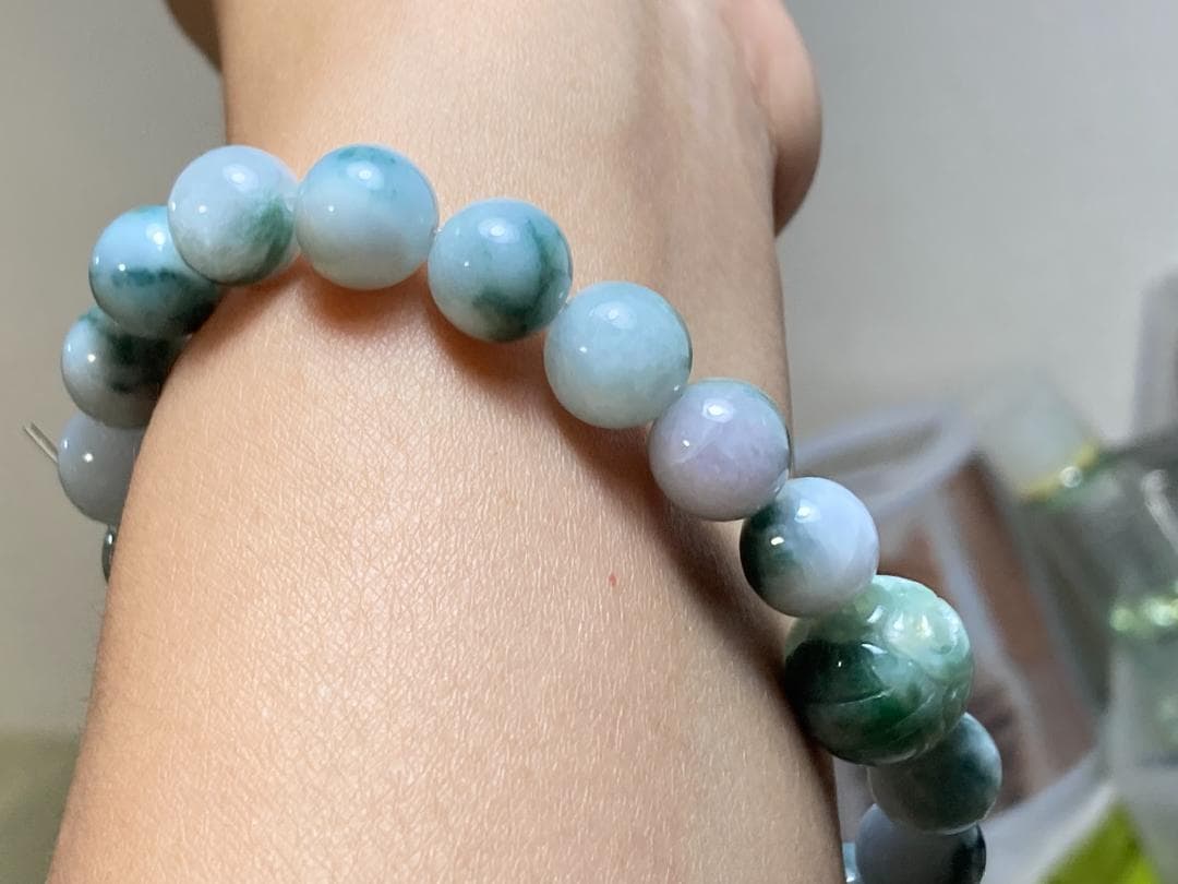 BR7-47 花青 10.0mm 彫り花珠 ミャンマー産A貨本翡翠 ブレスレット