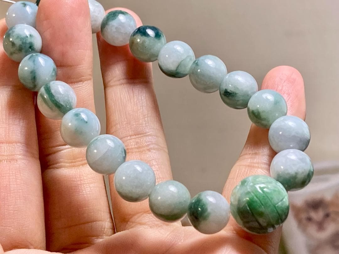 BR7-47 花青 10.0mm 彫り花珠 ミャンマー産A貨本翡翠 ブレスレット