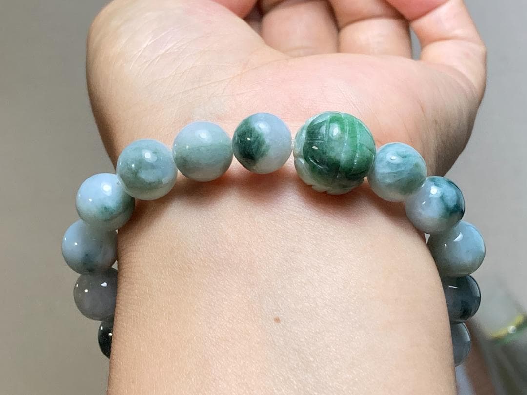 BR7-47 花青 10.0mm 彫り花珠 ミャンマー産A貨本翡翠 ブレスレット