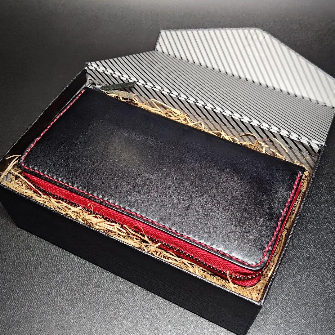 手縫い 長財布 ラウンドファスナーウォレット ブラック レッド 栃木レザー