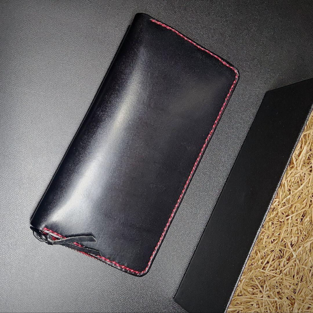 手縫い 長財布 ラウンドファスナーウォレット ブラック レッド 栃木レザー