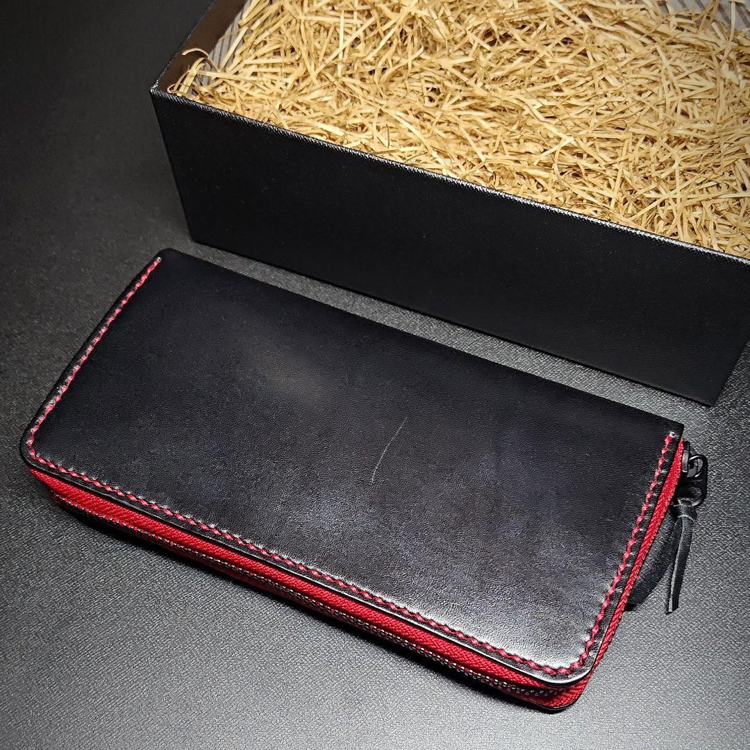 手縫い 長財布 ラウンドファスナーウォレット ブラック レッド 栃木レザー