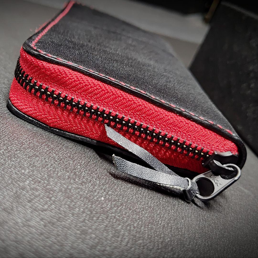 手縫い 長財布 ラウンドファスナーウォレット ブラック レッド 栃木レザー