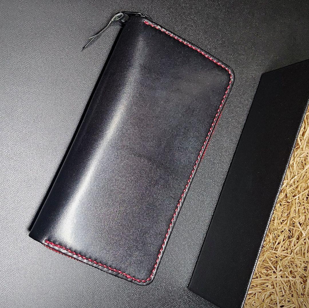 手縫い 長財布 ラウンドファスナーウォレット ブラック レッド 栃木レザー