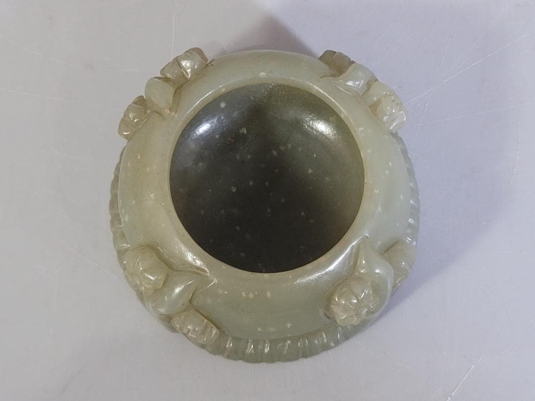 和田玉水孟幅約6.5㎝古玉彫刻 花彫紋 細工 書道具 唐物 中国美術 古玩