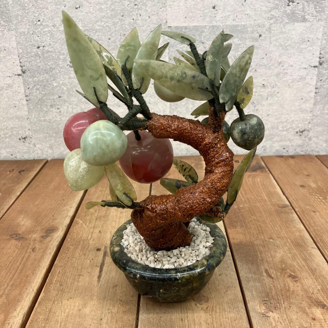 中国美術 レトロ 翡翠玉石 玉石盆景 細工彫刻 桃の木 盆栽 置物 インテリア