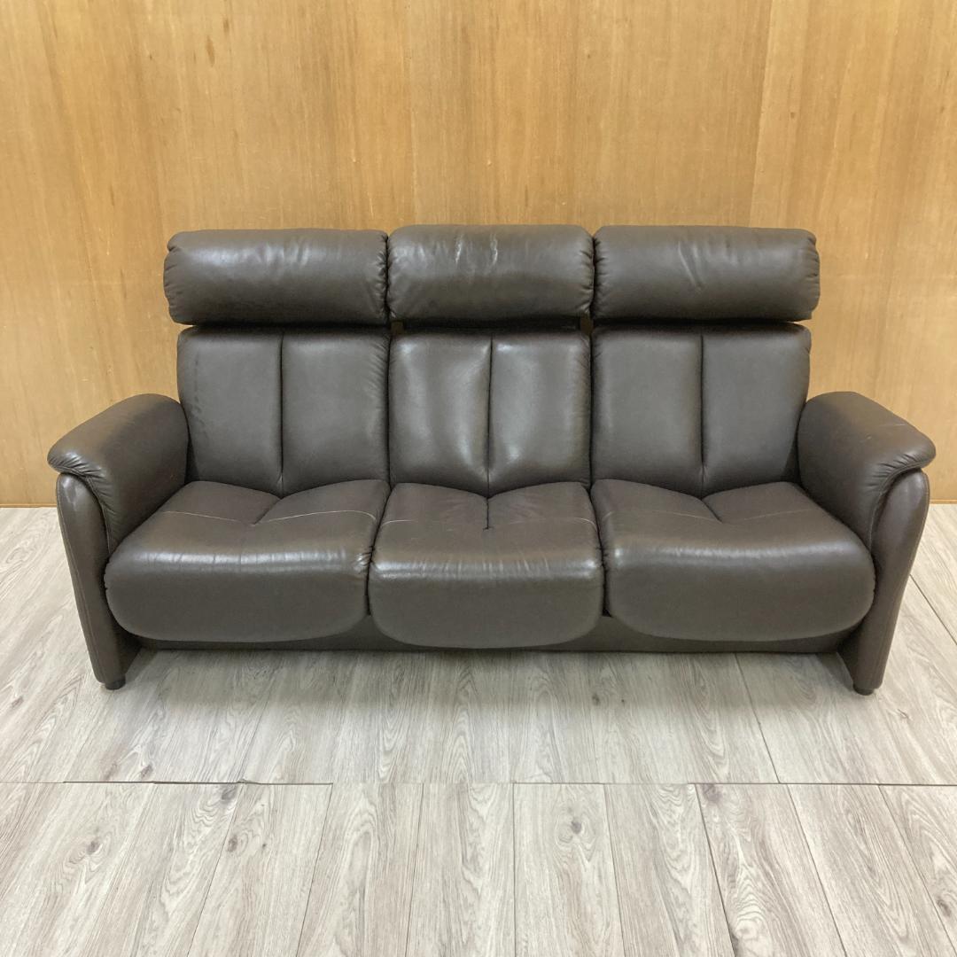 リクライニングソファ　三人掛け　ヘッドレスト可動式　本革