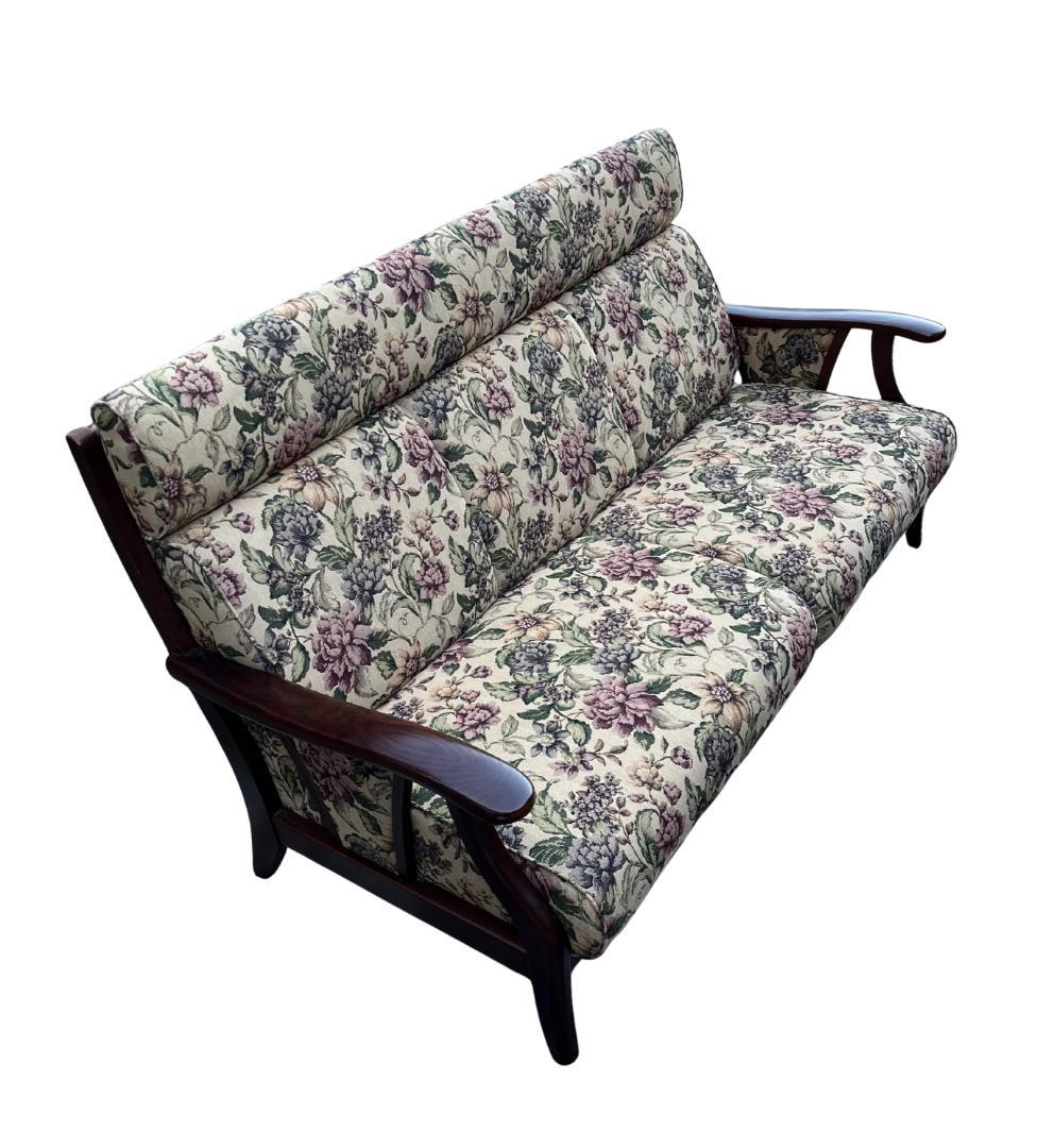 【美品】アンティーク調 2人掛けソファ ボタニカル柄 木製フレーム レトロ