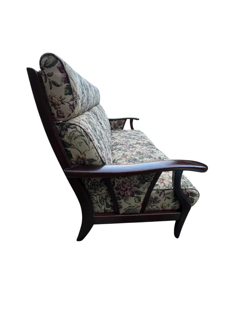 【美品】アンティーク調 2人掛けソファ ボタニカル柄 木製フレーム レトロ