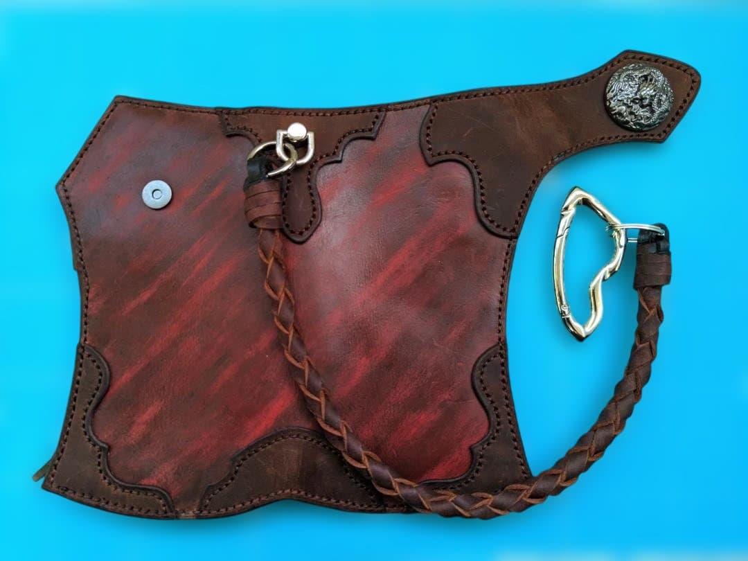 レザー製長財布 赤茶色 編み込みストラップ付き右ポケット