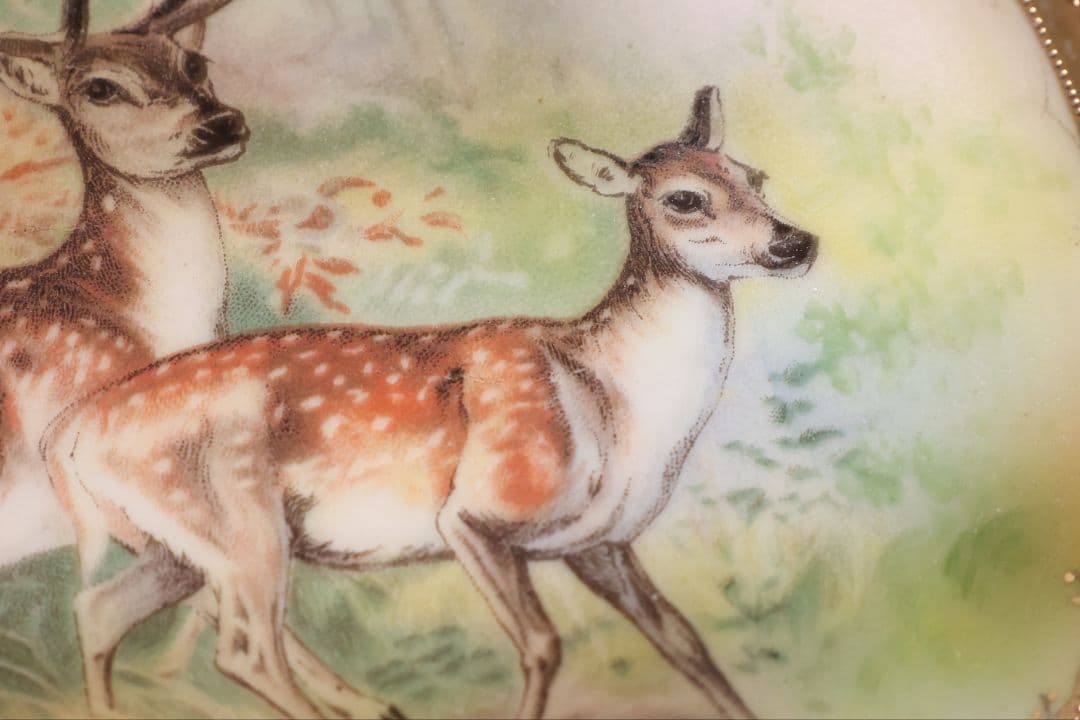 CM298】オールドノリタケ 鹿 皿 プレート 金彩 盛上 緑 グリーン 明治