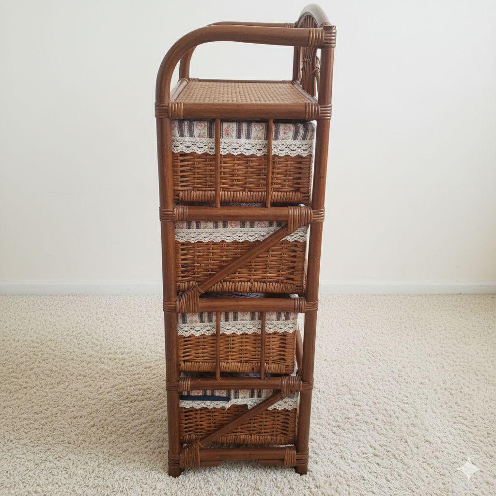 ​ラタン チェスト 4段 籐家具 収納ボックス 花柄カバー付き ランドリー