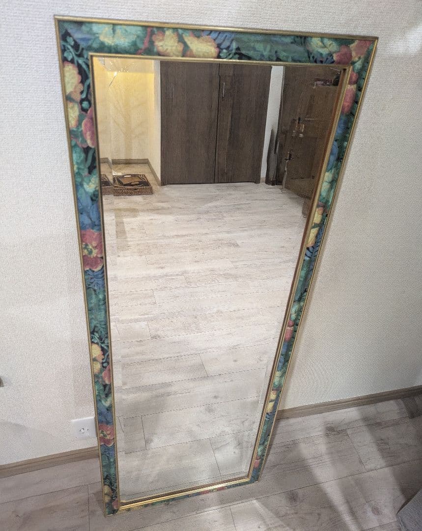 イタリア製 姿見 ウォールミラー アンティーク調 木製 花柄