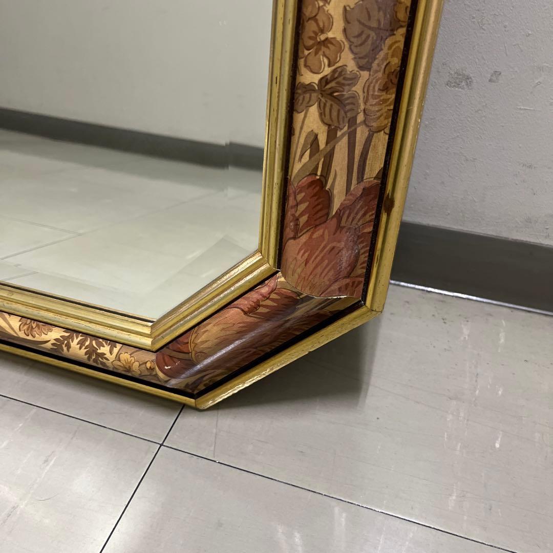 イタリア製　アンティーク　ウォール　ミラー　花柄装飾 八角形　壁掛け鏡