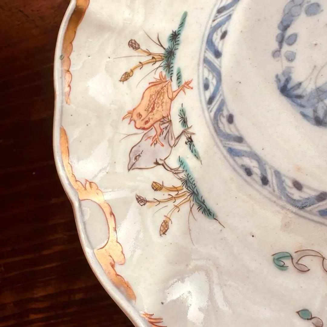 骨董皿 希少　カエル文 火焔文　金彩赤絵皿　輪花皿 かえる文　金カエル