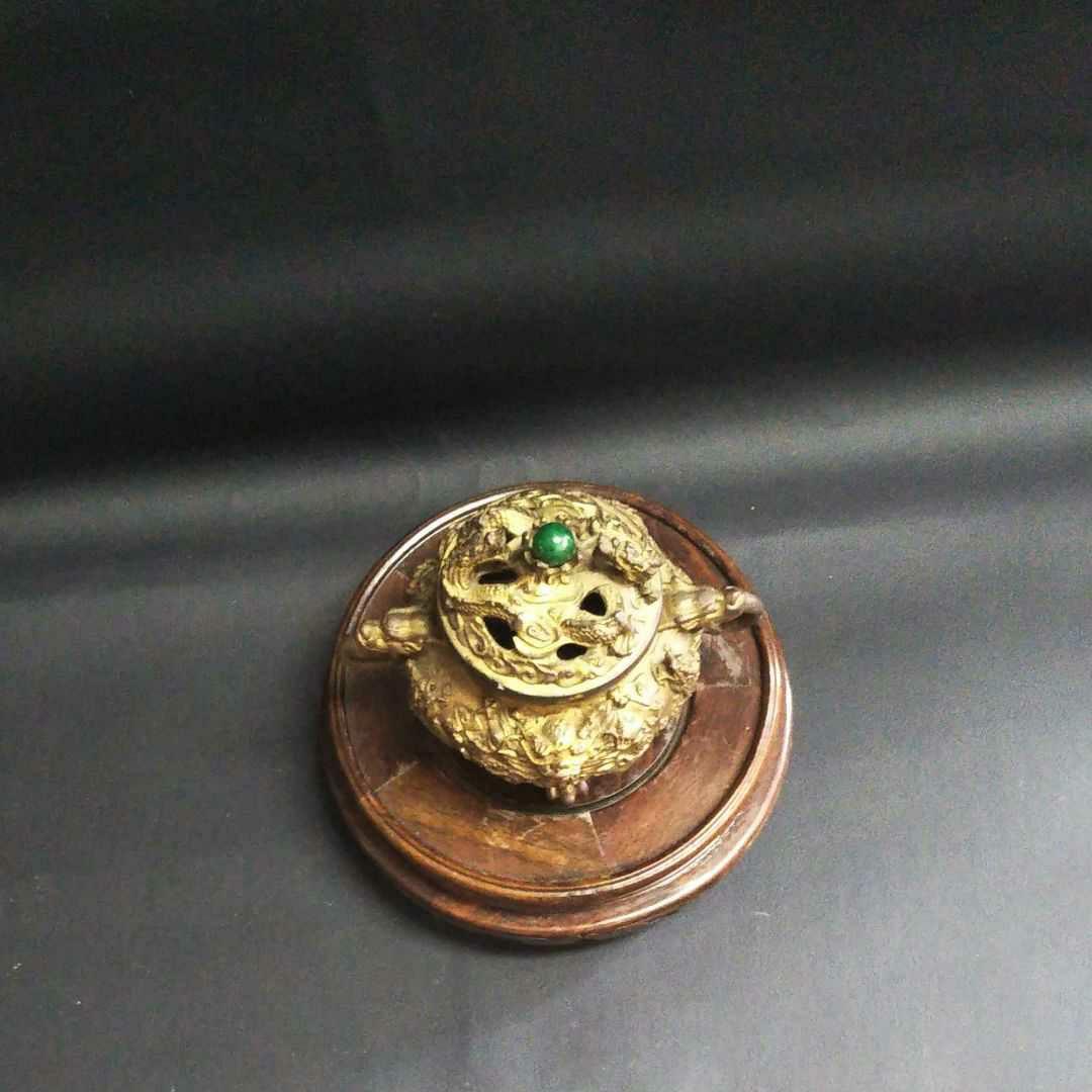 中国古美術/銅鍍金龍紋翡翠玉摘隻龍耳三足香炉