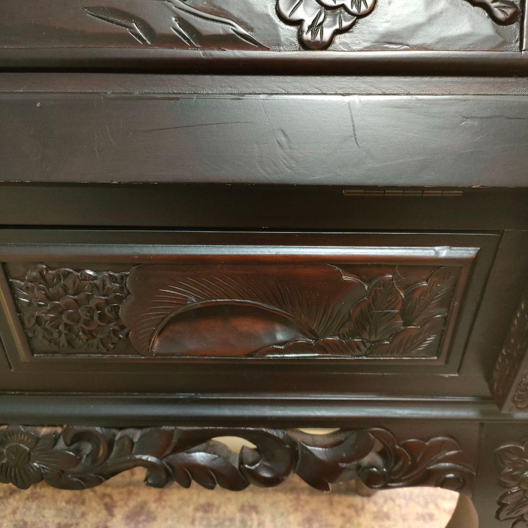 アンティーク調 猫脚ライティングビューロー 鳳凰×牡丹 彫り ダークブラウン