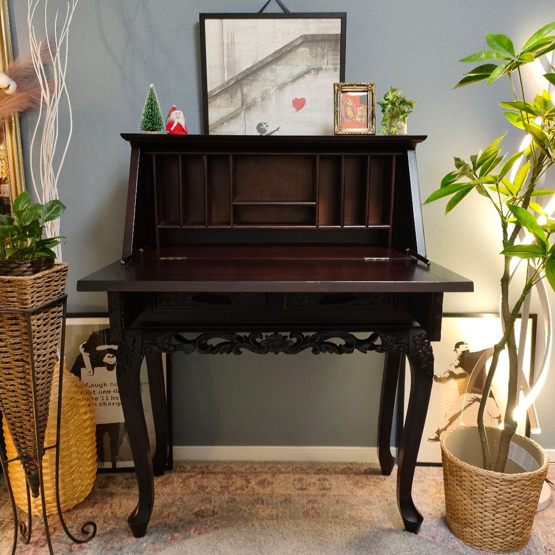 アンティーク調 猫脚ライティングビューロー 鳳凰×牡丹 彫り ダークブラウン