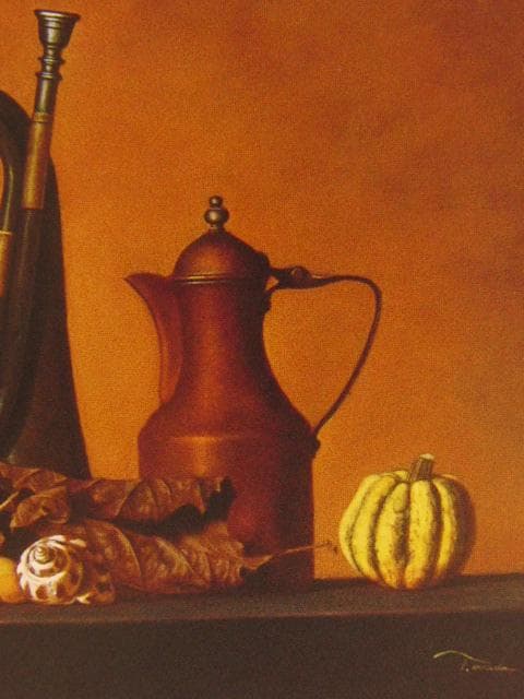 前田俊幸、置時計とランプの静物、希少な額装用画集より、新品高級額装付