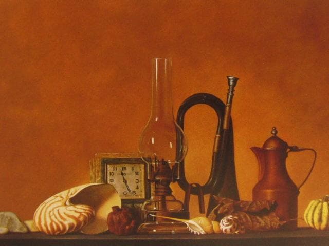 前田俊幸、置時計とランプの静物、希少な額装用画集より、新品高級額装付