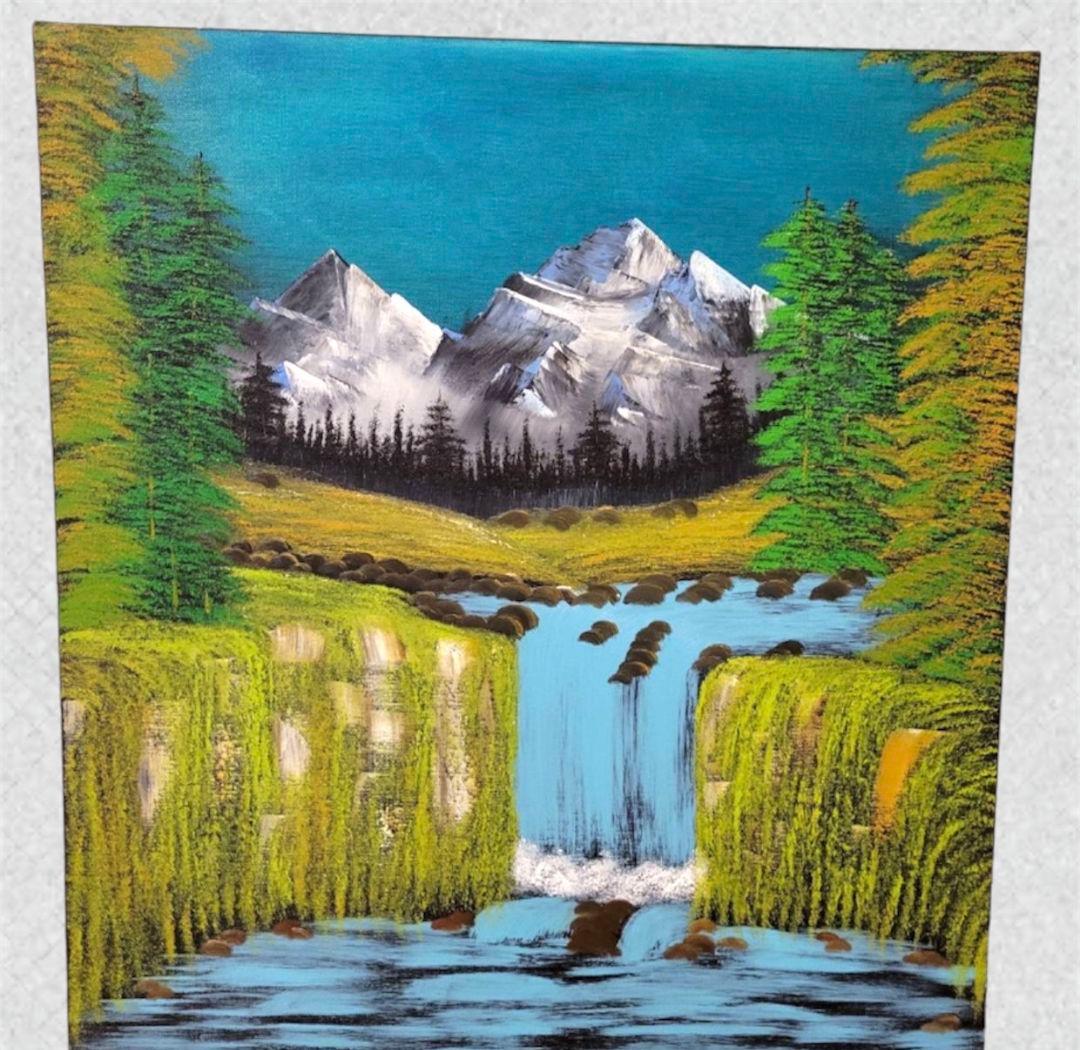 Valley waterfall 風景画  油彩画 額縁 肉筆