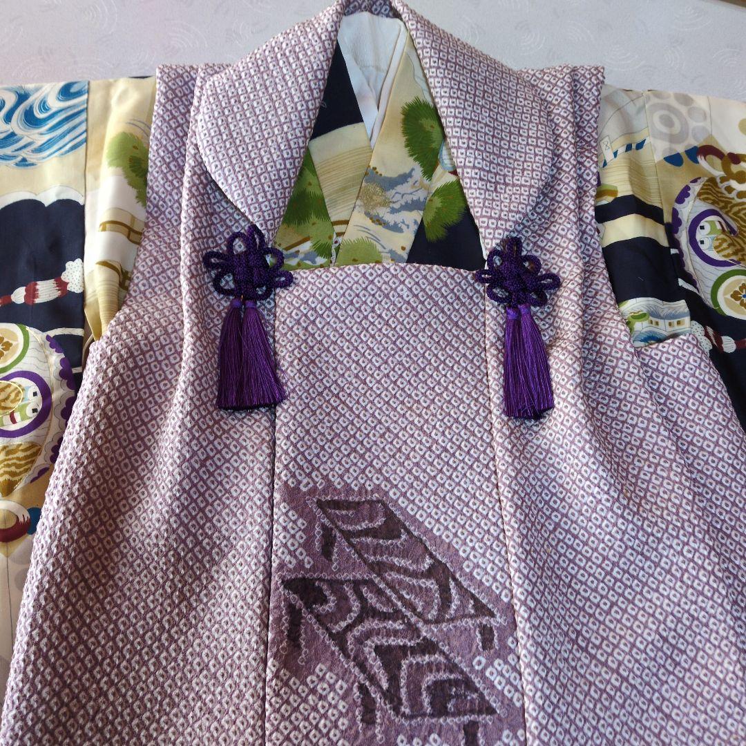 七五三３歳男の子正絹アンティーク着物と正絹総絞りの被布（長襦袢付き）