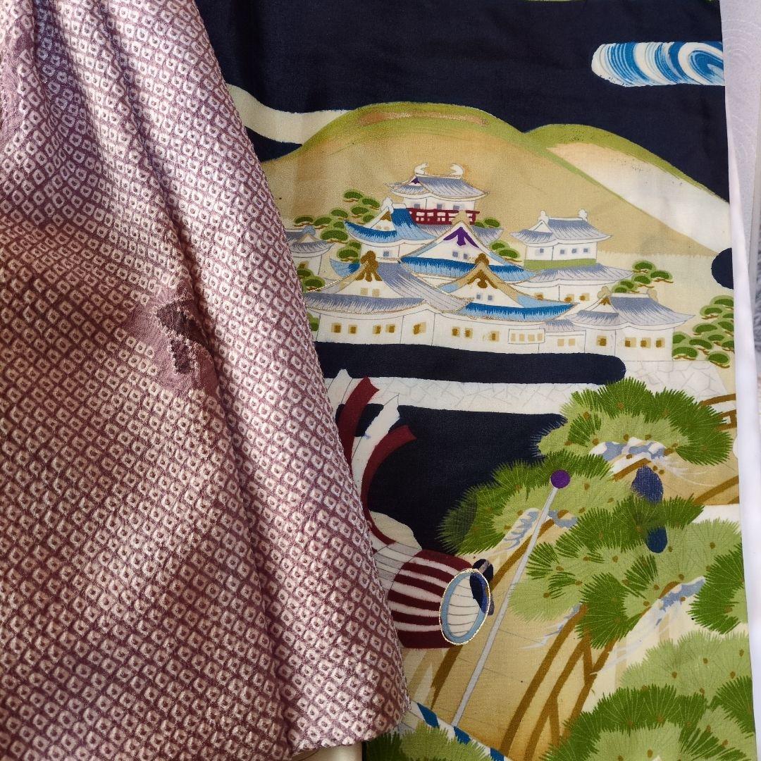 七五三３歳男の子正絹アンティーク着物と正絹総絞りの被布（長襦袢付き）