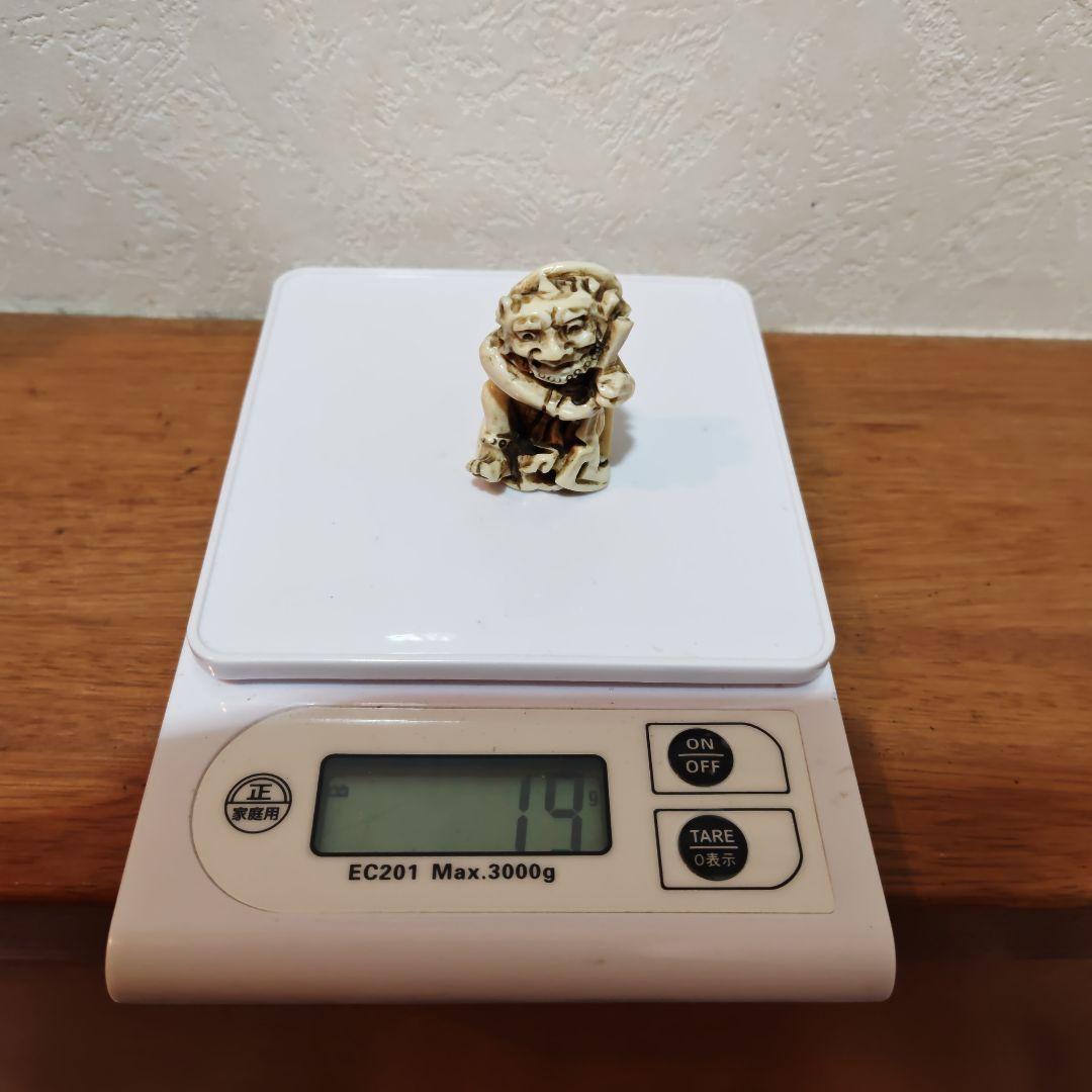 時代提物 神像根付 天然素材 在銘【風神雷神】高さ約4.4cm 重19ｇ 厄除け