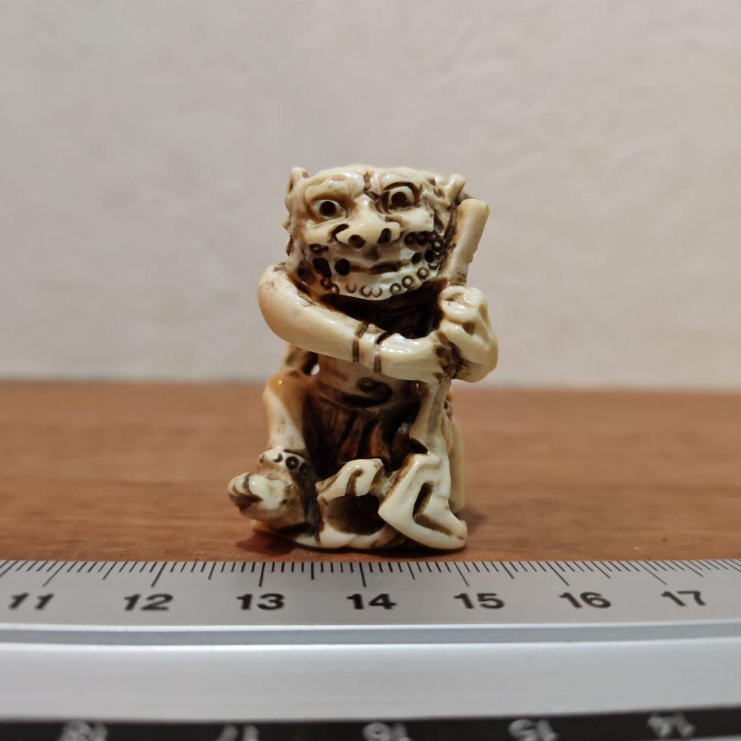 時代提物 神像根付 天然素材 在銘【風神雷神】高さ約4.4cm 重19ｇ 厄除け