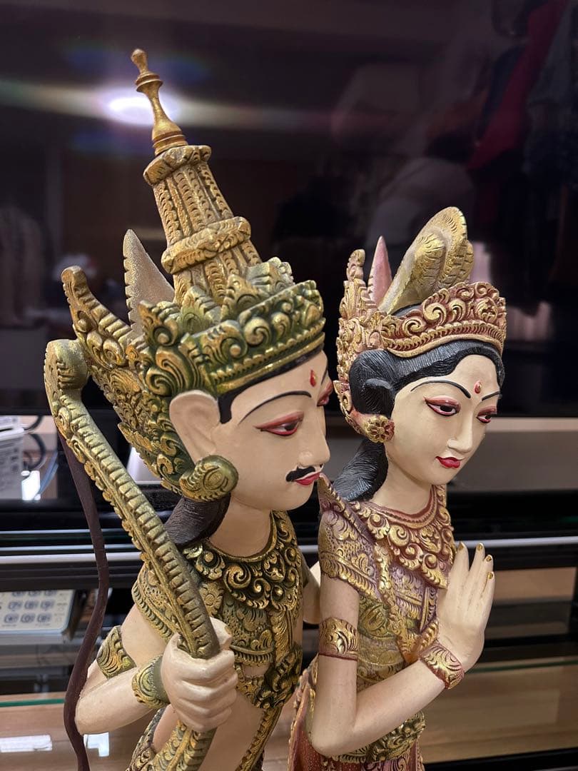 高さ880木彫り　ラマ&シーターペア　一本の無垢の木の彫刻