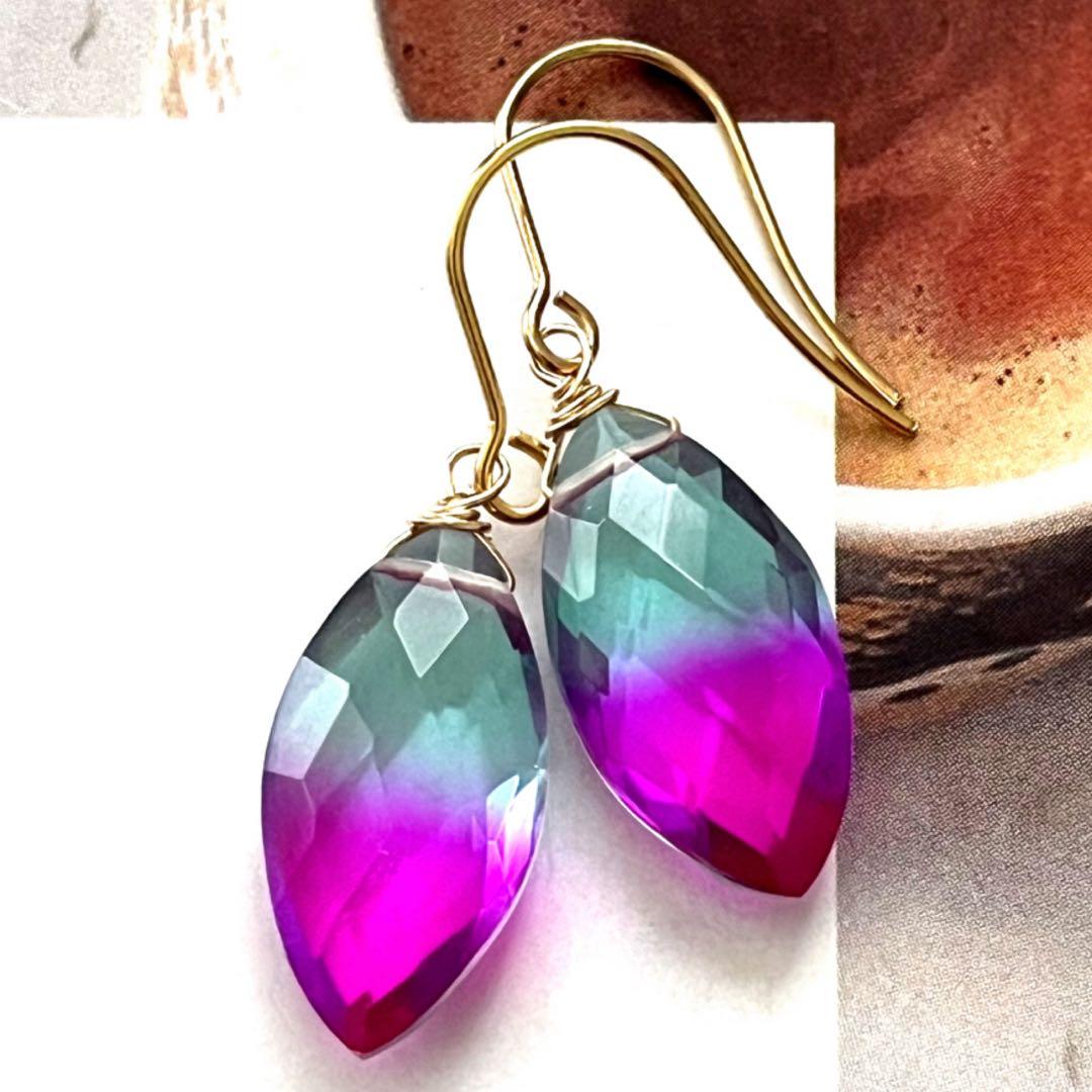 1点作品☺︎ 大粒マーキス型バイカラークォーツピアス　イヤリングに変更可能☺︎