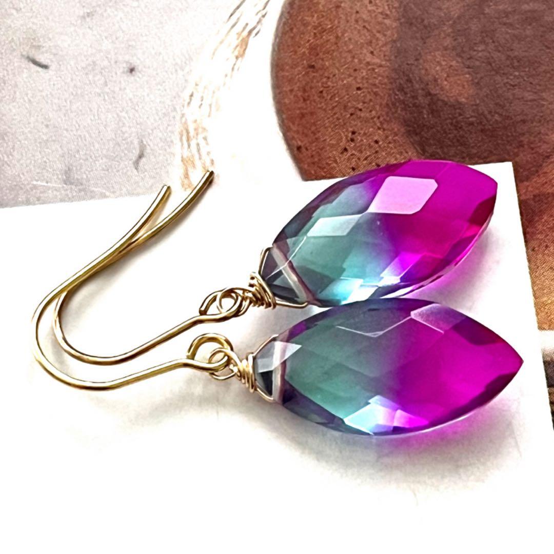 1点作品☺︎ 大粒マーキス型バイカラークォーツピアス　イヤリングに変更可能☺︎