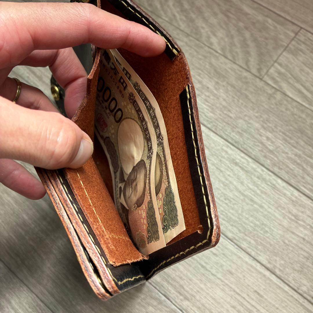 【茶芯ブラック】トラッカーウォレット　ミドル　真鍮　お札を折らずに収納
