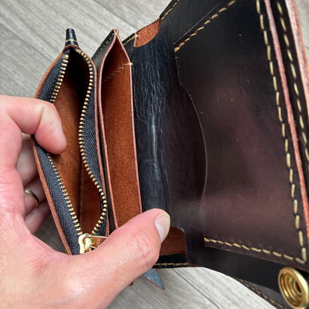【茶芯ブラック】トラッカーウォレット　ミドル　真鍮　お札を折らずに収納