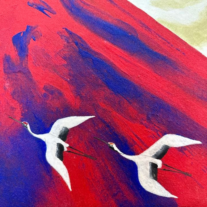 児玉三鈴「暁岳」日本画 赤富士 鶴 金落款 金泥仕様