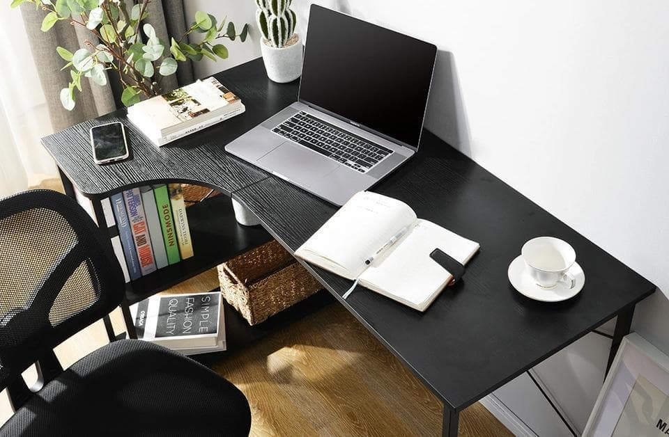 パソコンデスク L字120cm2段ラック付 デスク木製ミシン台 書斎机 ブラウン