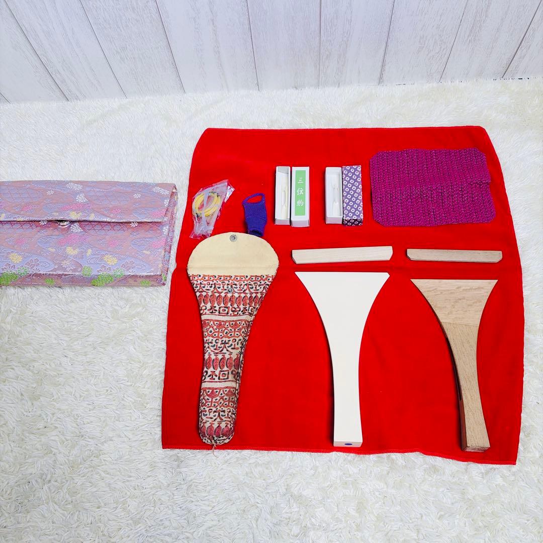 三味線 中棹 セット 撥 胴かけ 花梨 1本溝 犬皮 皮破れなし 丸打胴